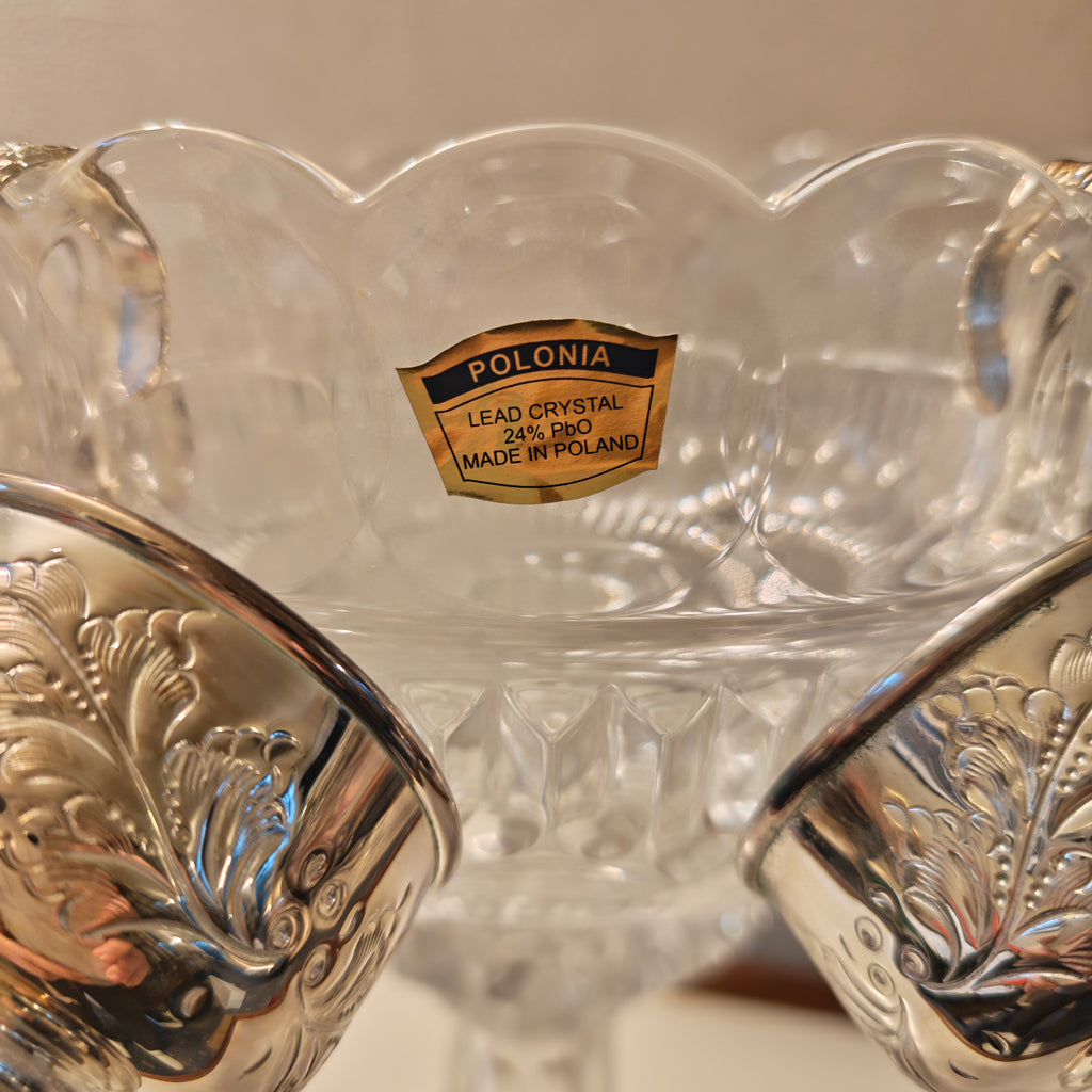 Vintage 1950 high quality hand cut crystal punch bowl on stem feet with 6 X silver plated cup