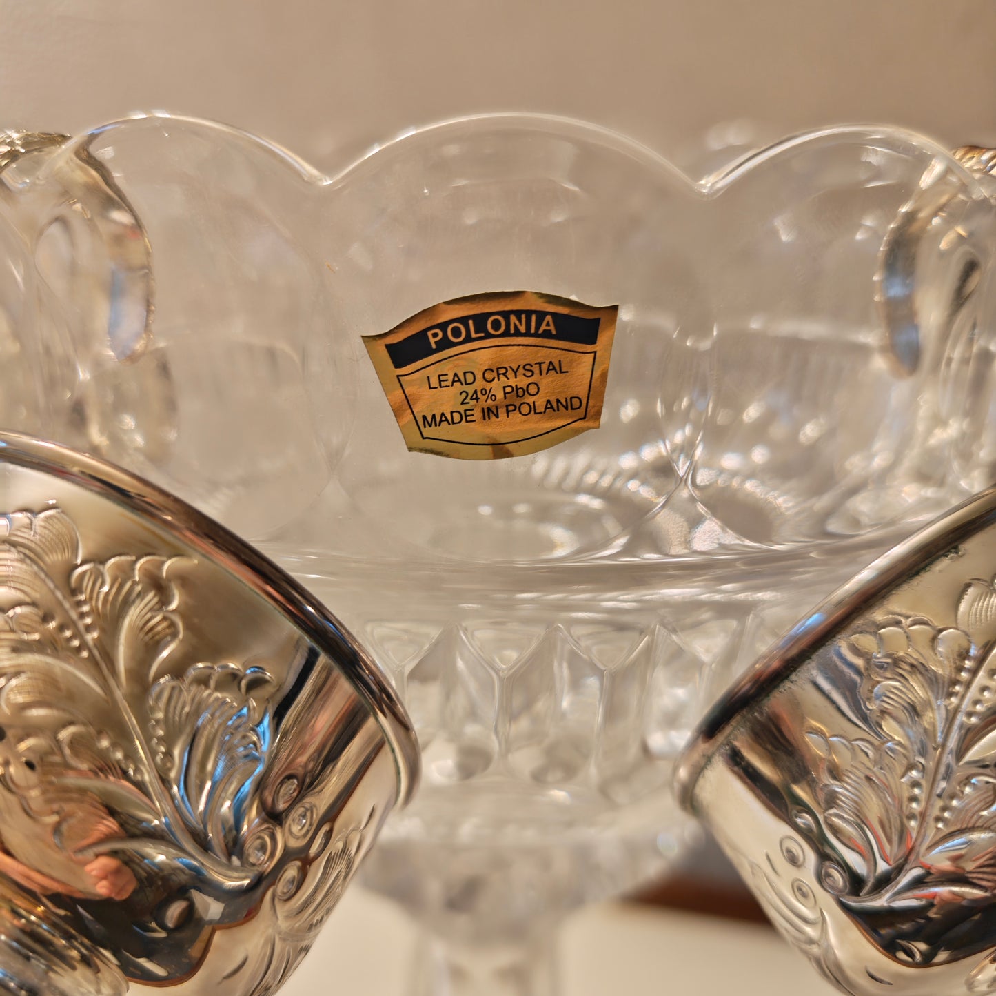 Vintage 1950 high quality hand cut crystal punch bowl on stem feet with 6 X silver plated cup
