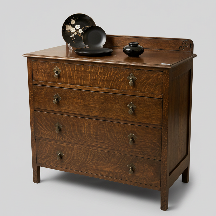 Wooden dresser with three drawers on a beige background