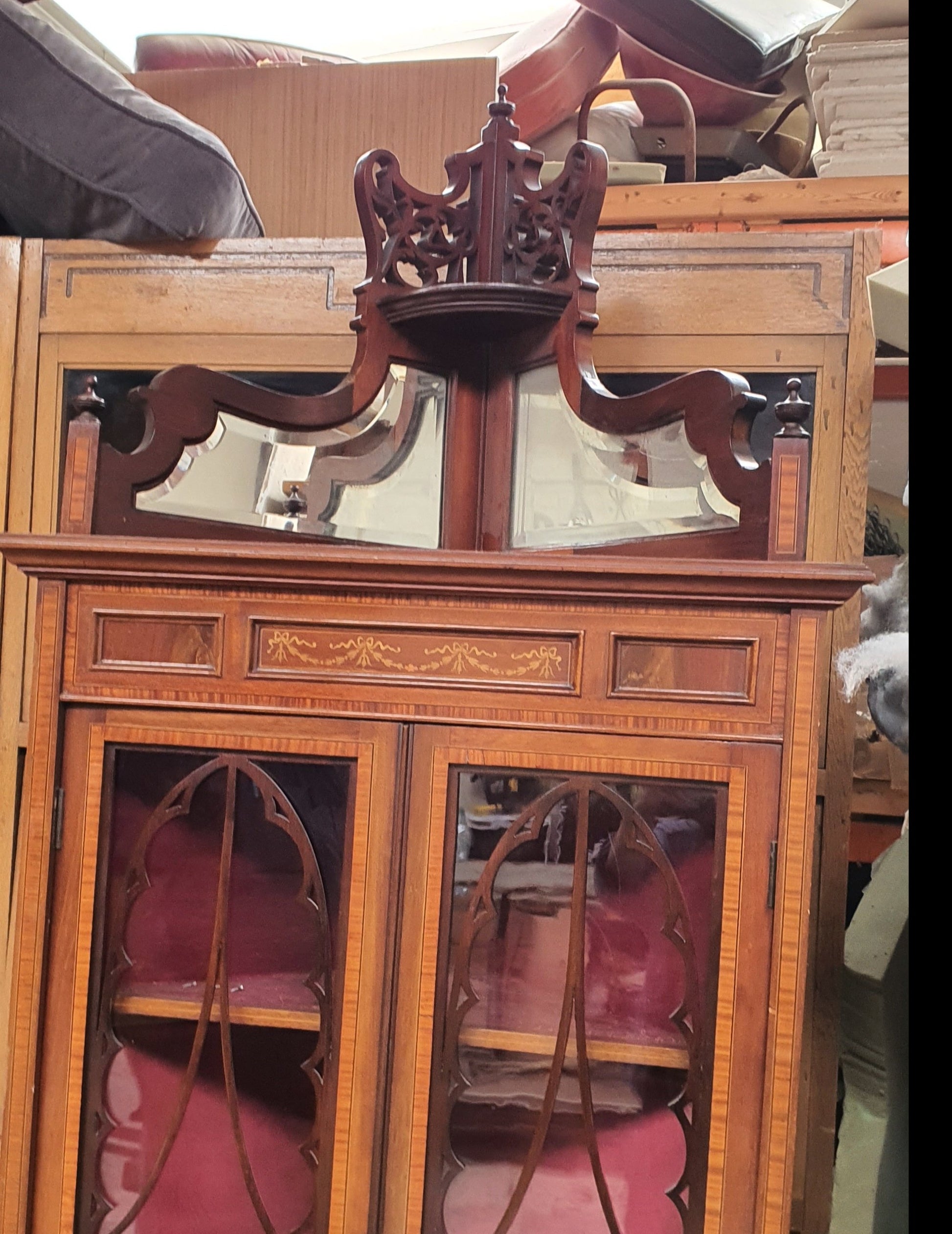 A spectacular Antique Mahogany Inlaid Corner display cabinet with crown 