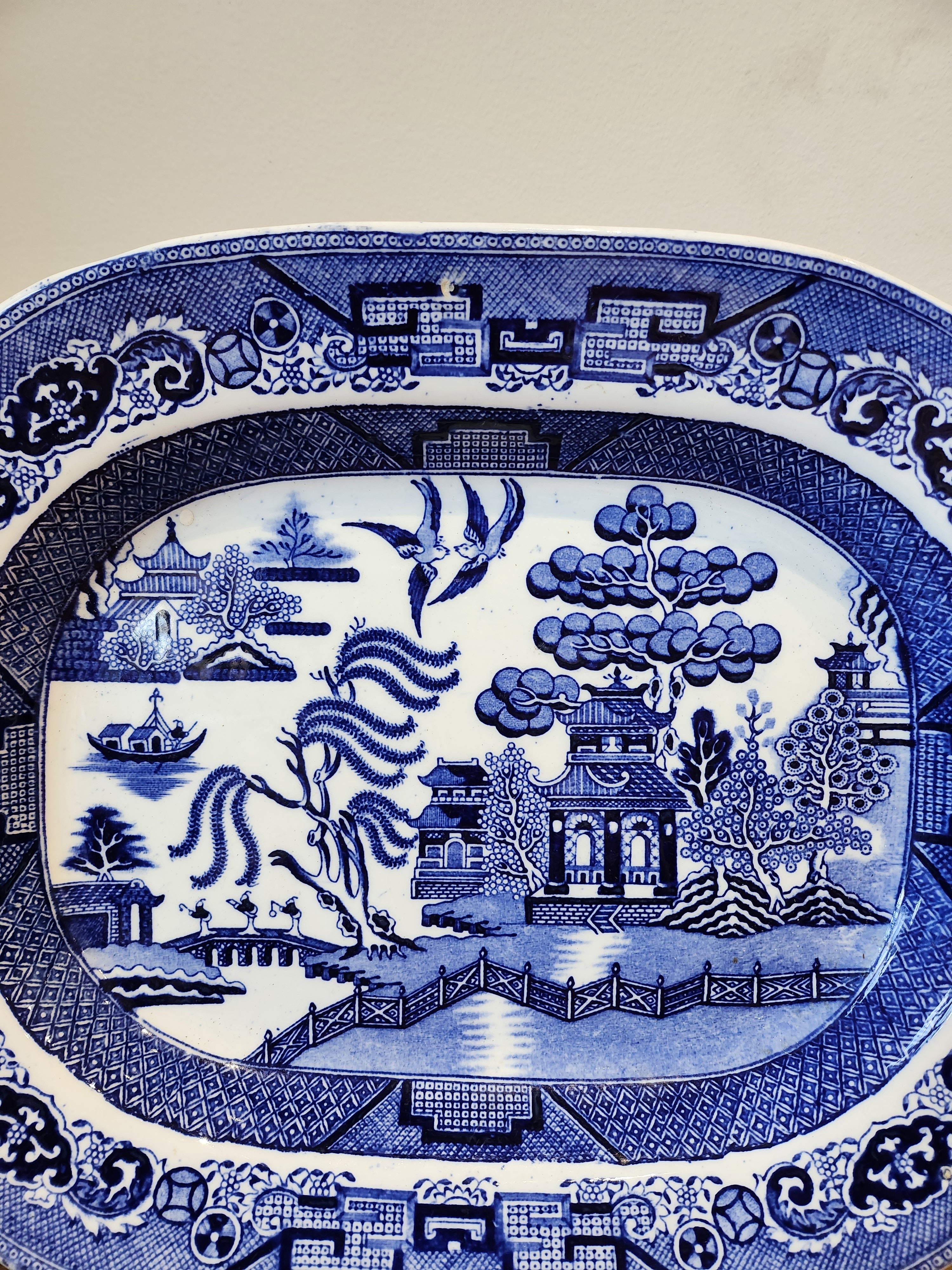 Antique Blue and White Old Willow Big Platter/Serving Dish