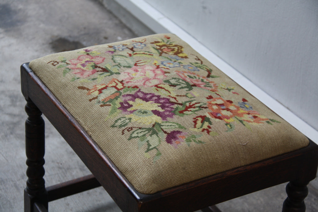 Antique Victorian Needlepoint Upholstered Solid Oak Stool