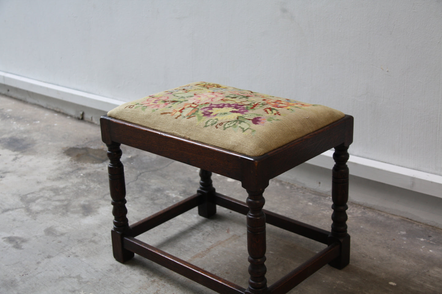 Antique Victorian Needlepoint Upholstered Solid Oak Stool