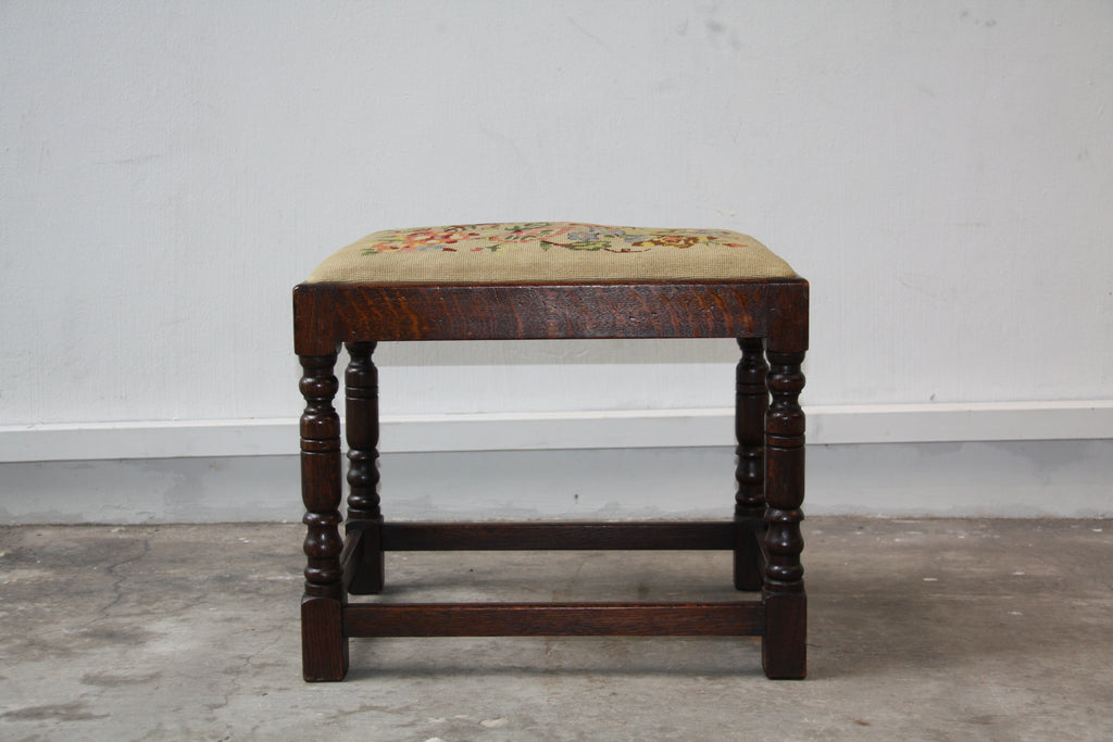 Antique Victorian Needlepoint Upholstered Solid Oak Stool