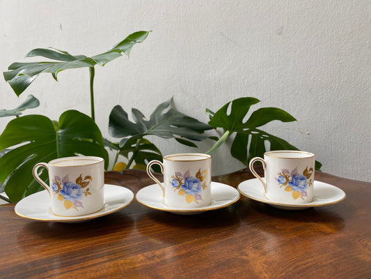 Vintage Aynsley Blue English Rose Demitasse Coffee Cups and Saucers
