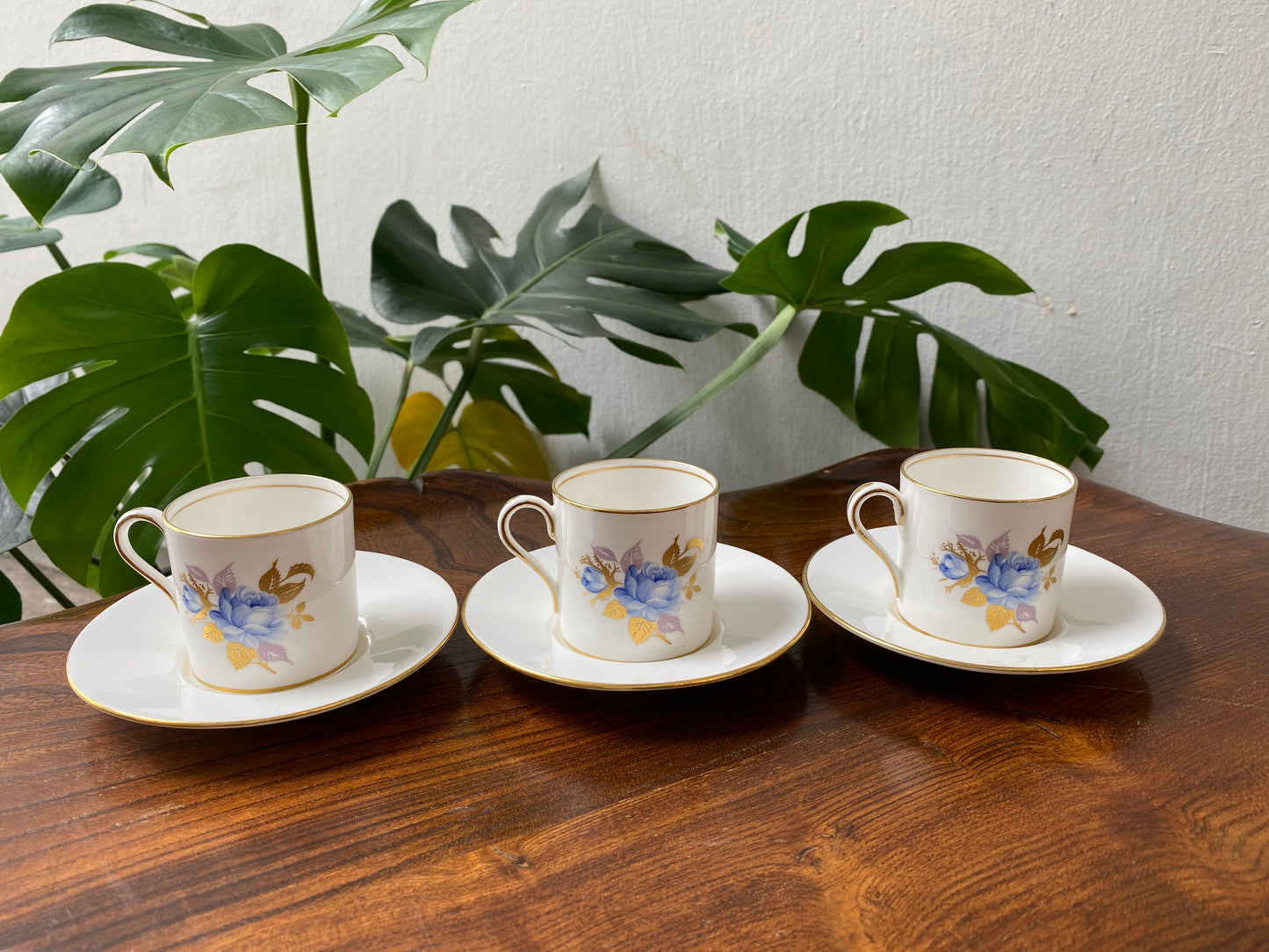 Vintage Aynsley Blue English Rose Demitasse Coffee Cups and Saucers