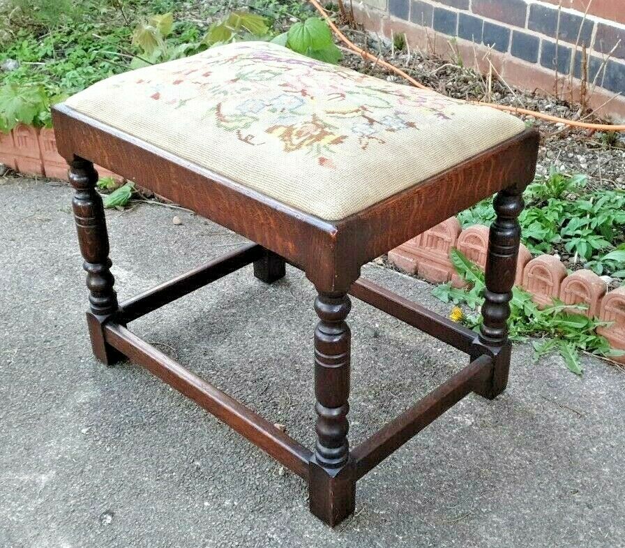 Antique Victorian Needlepoint Upholstered Solid Oak Stool