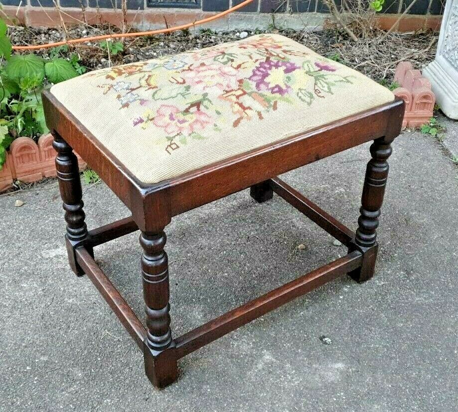 Antique Victorian Needlepoint Upholstered Solid Oak Stool