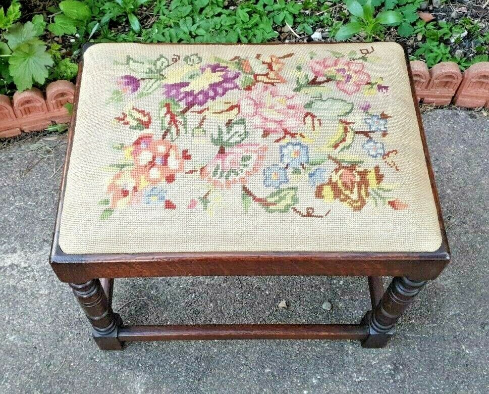 Antique Victorian Needlepoint Upholstered Solid Oak Stool