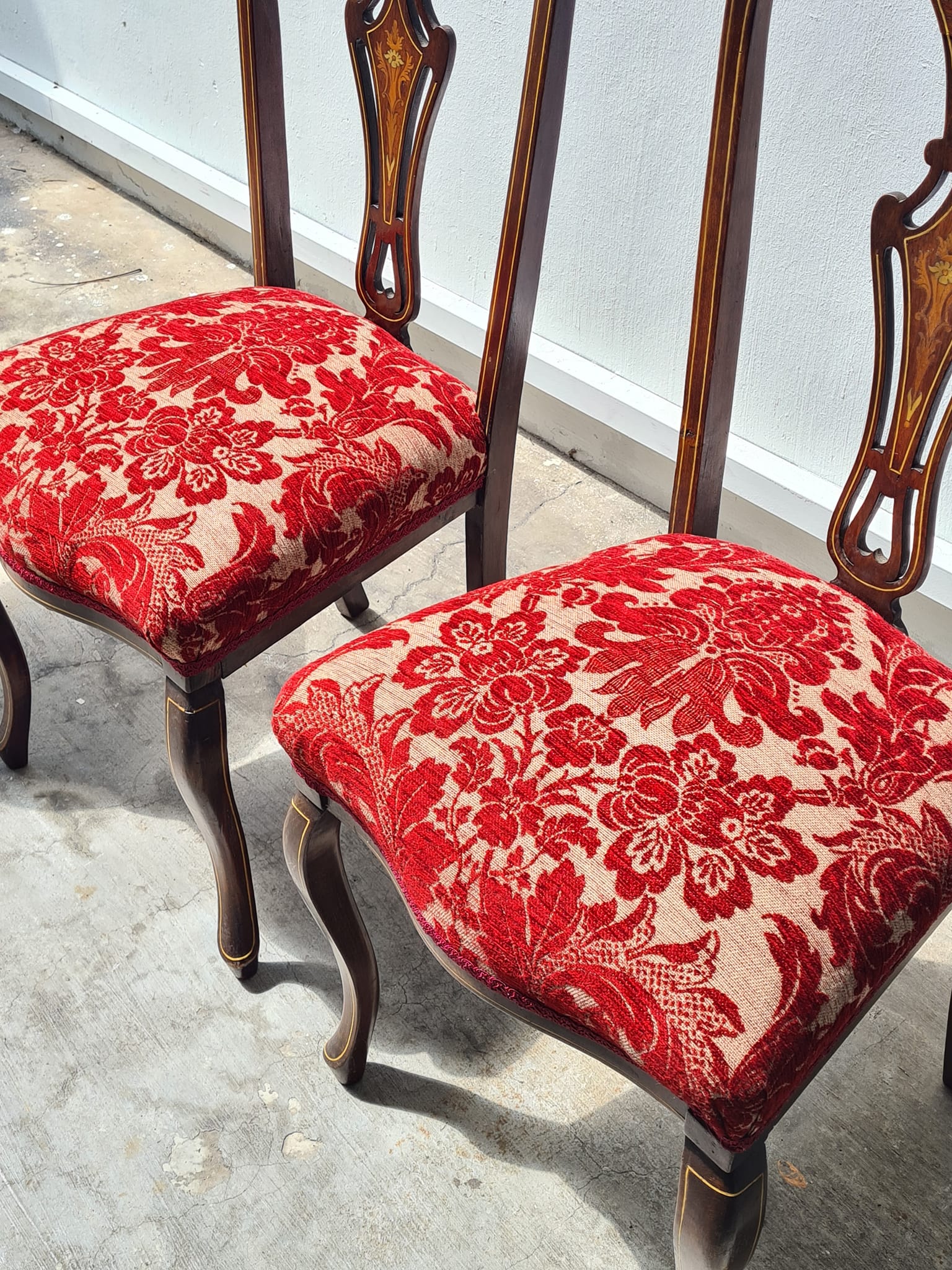A pair of Wonderful Victorian Chair with Inlaid, newly upholstered with fabulous Damask Fabric