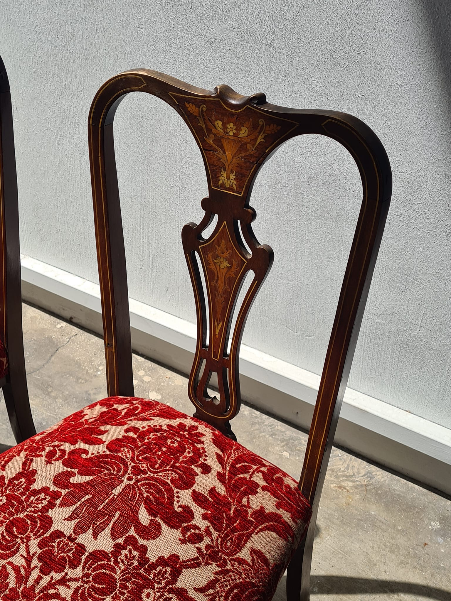 A pair of Wonderful Victorian Chair with Inlaid, newly upholstered with fabulous Damask Fabric