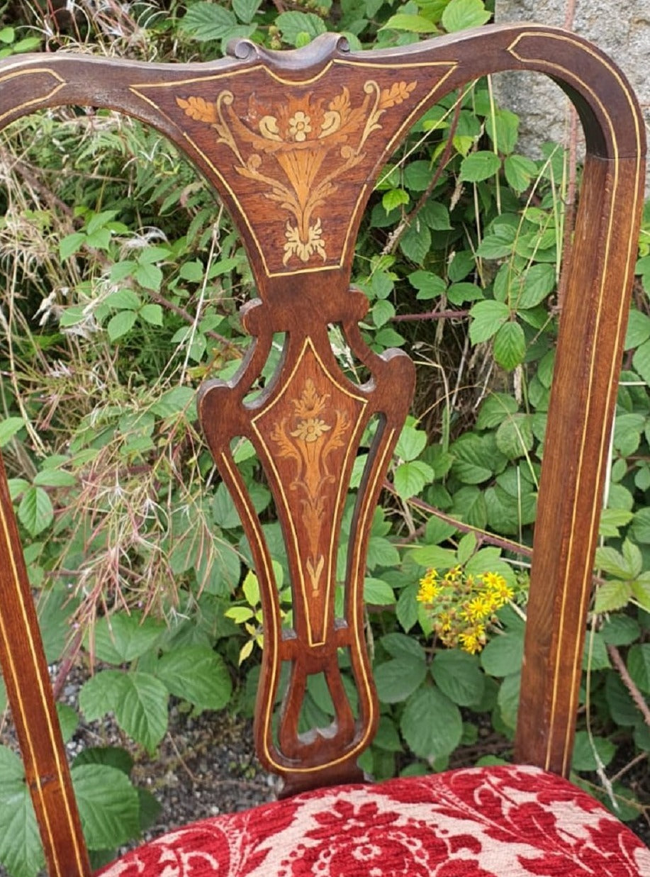 A pair of Wonderful Victorian Chair with Inlaid, newly upholstered with fabulous Damask Fabric